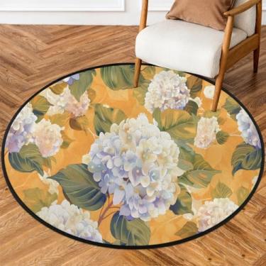 Imagem de Tapete redondo de 1,5 m com flor retrô, roxo, amarelo, macio, antiderrapante, lavável, tapete circular para quarto, berçário, sala de estar, cozinha, banheiro, entrada, decoração de casa