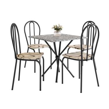Imagem de Conjunto de Mesa Quadrada com Tampo Granito e 4 Cadeiras Léia Revestimento Sintético Preto e Cedro
