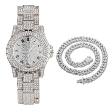 Imagem de Halukakah Diamonds Gold Watch Iced Out, pulseira masculina ouro real 18K banhado a ouro branco 39 mm de largura com mostrador redondo de quartzo 22,6 cm, opcional com corrente de elos cubanos 20,32 cm