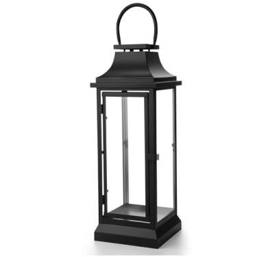 Imagem de Nuogo Lanternas grandes de metal de 76 cm com painéis de vidro preto pendurado vintage para mesa varanda decoração de festa em casa presente interno e externo, vela não incluída