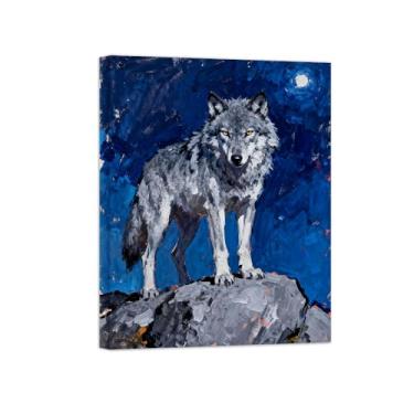 Imagem de Animais Pintura Arte Parede - Lobo Luar - Impressões em tela - Moderno Colorida Pôster para decoração sala de estar 80x105cm Tela Embrulhada