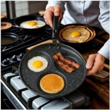 Imagem de Frigideira para ovos, antiaderente, tres divisorias, ideal, cozinhar, pequena, pratica, e preta.