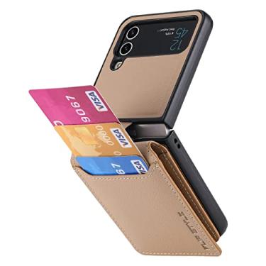 Imagem de Capa de telefone com suporte de cartão, capa de câmera e proteção de dobradiça, capa de couro magnético funciona com suportes magnéticos para carro capa de telefone para Samsung Galaxy Z Flip 4/3/2/1 (Z Flip 3 cáqui)