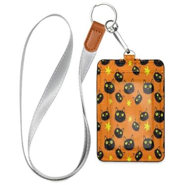 Imagem de Wassud Porta-crachá de couro PU Black Cat and Stars com cordão, porta-cartão de identificação para trabalho, cordão de pescoço com compartimentos para cartões de crédito, funcionários, estudantes