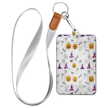 Imagem de Wassud Porta-crachá de couro PU Halloween Doodles Ghosts com cordão, porta-cartão de identificação para trabalho, cordão de pescoço com compartimentos para cartões de crédito, funcionários, estudantes