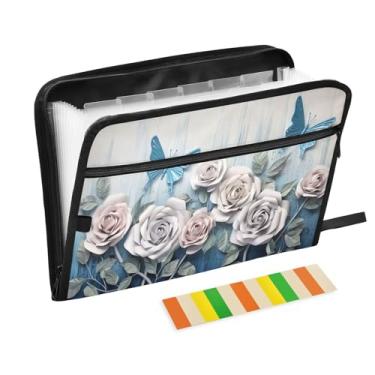 Imagem de Wassud Roses and Butterflies Organizador de arquivos sanfonado com 13 bolsos com abas e adesivos, organizador de pastas de documentos de recibo de papel tamanho carta A4 para viagens de escritório