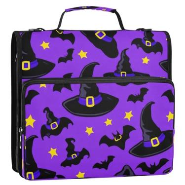 Imagem de Wassud Chapéus de bruxa pretos fichário com zíper 3 anéis com alça de ombro e alça vários bolsos expansível organizador de pasta de arquivo