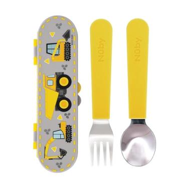 Imagem de Nuby Utensílios infantis de aço inoxidável com estojo de viagem – Conjunto de garfo e colher de fácil aderência para alimentação automática, bordas arredondadas seguras, aço inoxidável durável