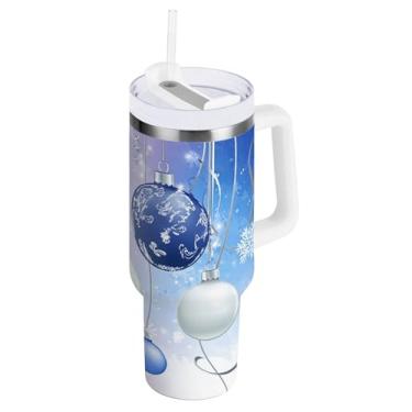 Imagem de Kigai Copo de 850 g com alça, bolas de Natal azuis e brancas copos isolados com tampa e canudo, garrafa de água esportiva de metal grande, caneca de café de viagem de aço inoxidável