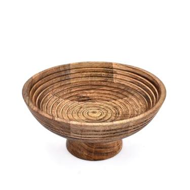 Imagem de EDHAS Tigela de salada grandes tigelas de pedestal feitas à mão para servir e decoração de mesa, tigelas de madeira rústicas feitas à mão para entretenimento (25,4 cm x 25,4 cm x 12,1 cm)