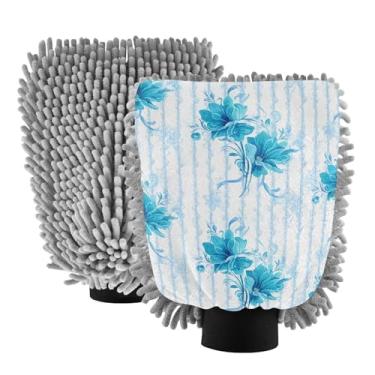 Imagem de STAYTOP Luvas de lavagem de carro com flores azuis, 2 peças, luvas de microfibra de chenille, sem arranhões, panos de esponja de lavagem ultra absorventes para carros, limpeza doméstica - G