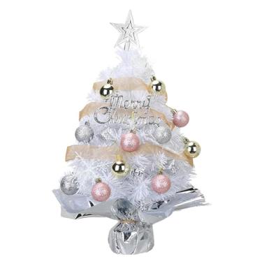 Imagem de Árvore de Natal pequena de 43 cm com luzes e enfeites de bola para decoração de festas em casa, planta artificial (branca)