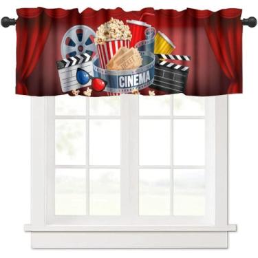 Imagem de moderw Cortina de janela de cinema em casa tema vídeo pipoca bebida carretel filme ripa saia vermelha para quarto, sala de estar, cozinha, sala de mídia 137 x 45 cm