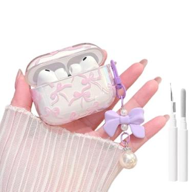 Imagem de MINSCOSE Capa para AirPods Pro 3ª geração (2025) com kit de limpeza, lindo laço de fita, estampa estética com laço kawaii, chaveiro pérola para mulheres e meninas para Airpods Pro 3-roxo