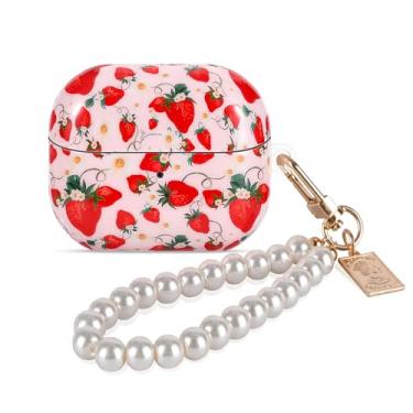 Imagem de CameCosy Capa protetora compatível com Samsung Galaxy Buds 3/3 Pro/3 FE com chaveiro de pulseira de pérola, capa de TPU com padrão de morango para mulheres e meninas, capa à prova de choque