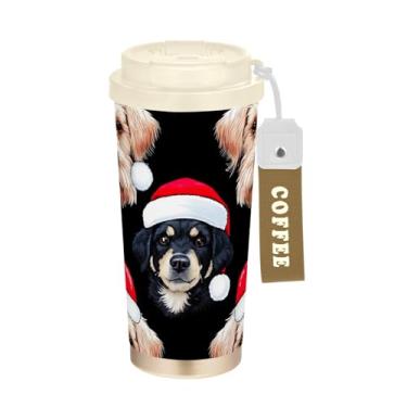 Imagem de TSENQUE Caneca de café de viagem de 473 ml, copo de café com revestimento cerâmico com tampa e canudo, copo isolado a vácuo de aço inoxidável, cachorro fofo, Papai Noel, preto Natal