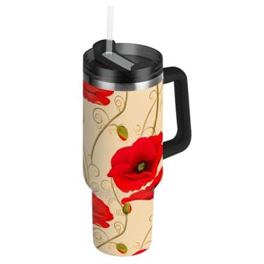 Imagem de Copo com alça copos de aço inoxidável de 850 g com tampas e canudo garrafas de água com isolamento térmico carros caneca de café bebida quente estilizada flores de papoula vermelha bege