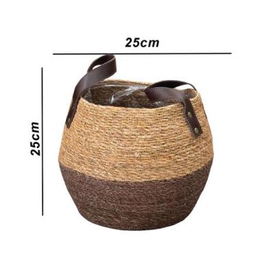 Imagem de Cesto Decorativo de Algas Marinhas com Alça de Couro  Cachepô Rústico 