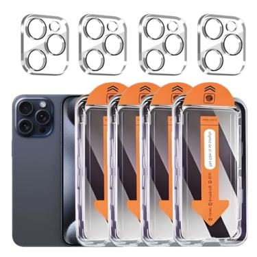 Imagem de Pacote com 4 protetores de tela de privacidade para iPhone 15 Pro de 6,1 polegadas com 4 protetores de lente de câmera, película de vidro temperado antiespionagem, dureza 9H, compatível com capa
