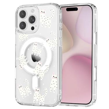 Imagem de OFQKOAKS Capa para iPhone 16 Pro, compatível com MagSafe, linda capa de celular romântica com bolinhas e gatinho magnético, capa protetora fina e transparente para amantes