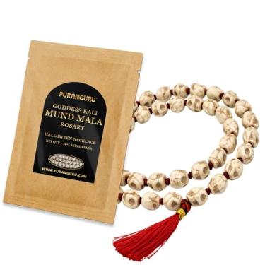 Imagem de PURANGURU Deusa Kali Mund Mala | 54+1 contas de caveira | Colar de esqueleto de Halloween | Contas de caveira Narmund para joias | Terço de meditação de oração budista tibetano | Nar Mund Mala para