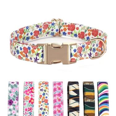 Imagem de TANXIC Coleira floral para cães com fivela de metal de liberação rápida, coleira de algodão macio e durável ajustável para cães pequenos, médios e grandes, meninos e meninas (floral laranja, pequena)