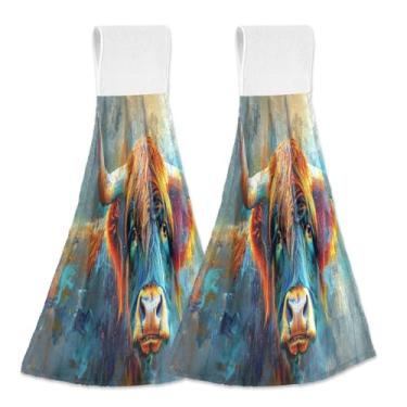 Imagem de Joitme Toalhas de mão Highland Cow penduradas com laço, pacote com 2 panos de prato macios absorventes de cozinha para banheiro com fita mágica para pendurar facilmente, toalhas de chá decorativas
