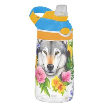 Imagem de Garrafa de água infantil branca de flores de lobo aquarela 473 ml garrafa de água de plástico reutilizável com tampa de canudo 473 ml Tritan copo infantil à prova de vazamento portátil, alça de