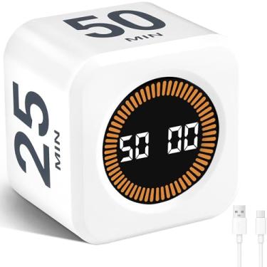 Imagem de Cuteefun Temporizador visual de cubo, temporizador pomodoro de rotação, 5/10/25/50 minutos e contagem regressiva personalizada, armazenamento de tempo personalizável, modo mudo e anel, recarregável