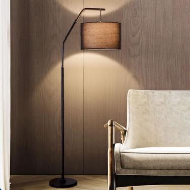 Imagem de Luminária de chão moderna com cúpula de linho preto - Luminária de coluna alta e dimerizável com base de metal para sala de estar, quarto infantil e berçário - Iluminação vertical elegante,