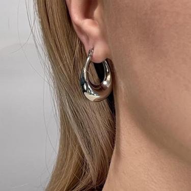 Imagem de Brincos de argola de prata para mulheres, delicados, grossos, hipoalergênicos, leves, abertos, joias, presente, standard, Latão, Sem pedra preciosa