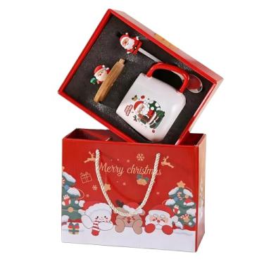 Imagem de Caneca de cerâmica de Natal 400 ml com tampa de bambu e caixa de presente - xícara de café premium para férias, design de Papai Noel, presente de Natal perfeito para chocolate quente, chá e café