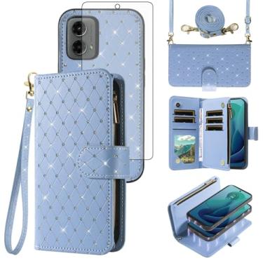 Imagem de Capa carteira compatível com Motorola Moto G 5G 2024 com zíper destacável e protetor de tela de vidro temperado alça transversal com glitter flip porta-cartões para celular G5G 5 G G5 feminino azul