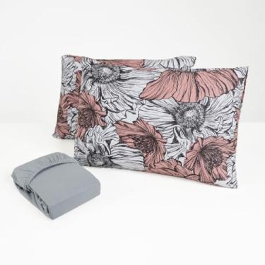 Imagem de Jogo de Cama Queen 3 Peças Malha 100% Algodão Lençol com Elástico Fronhas Estampadas Toque Macio(Sofisticado cinza)