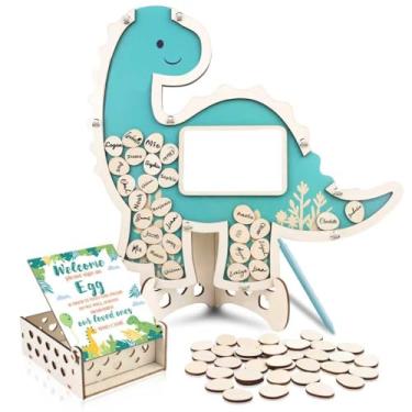 Imagem de JAPDNK Dinossauro alternativo para chá de bebê - 63 peças de decorações reveladoras de gênero para chá de bebê com caneta, 60 fatias de madeira, lembrança de moldura de ultrassom fotográfico para 60