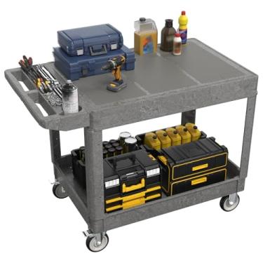 Imagem de Carrinho utilitário grande de garagem de topo plano, carrinho de ferramentas resistente com 2 prateleiras, carrinho de serviço, com alça ergonômica e rodízios giratórios de 12,7 cm.