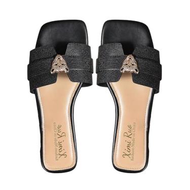 Imagem de GORGLITTER Sandálias femininas de couro de metal quadradas, bico aberto, sem cadarço, para o verão, Preto, 38