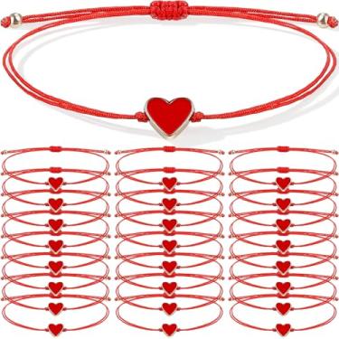 Imagem de Misdary 24 pulseiras de cordão de dia dos namorados a granel, pulseira de coração vermelho ajustável, corda de aniversário, amizade, dia dos namorados, presente