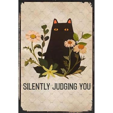 Imagem de Cusde Placa De Metal Com Gato Julgando Você Silenciosamente, Decoração Retrô, Presente Para Amantes, Cozinha, Café, Cottagecore, 30X20 Cm