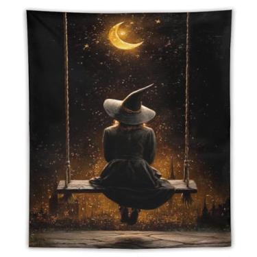 Imagem de Tapeçaria mágica de Halloween bruxa no balanço lua crescente dourada céu estrelado decoração de parede sala de estar quarto decoração de casa exclusivo pendurado têxtil 127 x 152 cm tapeçaria