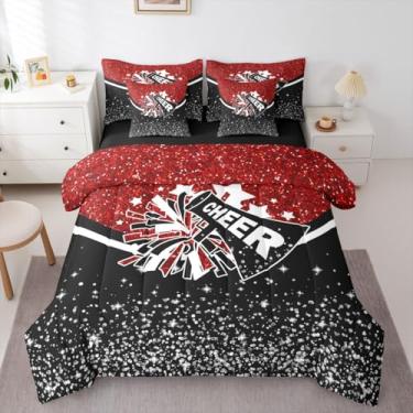 Imagem de Jogo de cama Queen com estampa de líder de torcida, diamantes brancos, vermelho, com glitter, decoração temática de líder de torcida, para todas as estações, edredom de cima, lençol com elástico, 2