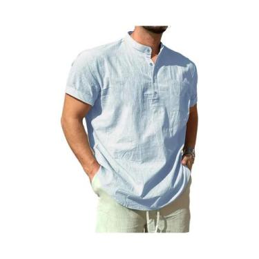 Imagem de Camiseta Masculina Leve De Algodão E Linho Com Gola Henley, Casual De 