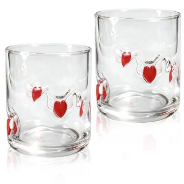 Imagem de FYSUIMU 2 peças de copos de suco com ícone de coração de dia dos namorados, 400 ml, copos de vidro de coração de conversa, duplo, ícone antiquado, vidro soprado à mão para mulheres, amigas