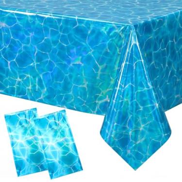 Imagem de Gilprop 2 toalhas de mesa iridescentes com ondas do oceano, 137 x 272 cm, toalha de mesa azul de plástico azul sob o mar, descartável, refletiva, para aniversário, praia, piscina, decoração de festa