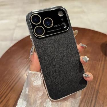 Imagem de SFDSUH Capa protetora com janela grande de vidro e textura de lichia para iPhone 13 Pro Max (Preta)