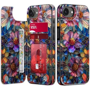 Imagem de Goodon Capa carteira para iPhone 16e com porta-cartão, bloqueio RFID, capa feminina floral vintage estética, capa protetora retrô moderna exclusiva para mulheres e meninas - flores vibrantes definidas