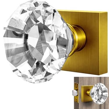 Imagem de Balin Designs Maçaneta de porta de cristal de latão antigo, base quadrada, conjunto de maçanetas de porta de vidro interior sem trava, estilo vintage decorativo de latão antigo para corredor, armário
