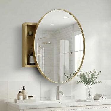 Imagem de Armário de remédios redondo de 71 cm com espelho – Armário de remédios de banheiro com moldura dourada de metal com armazenamento e prateleiras de vidro ajustáveis, solução de armazenamento elegante e