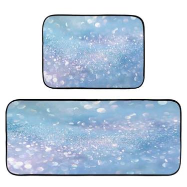 Imagem de xigua Conjunto de 2 peças de tapetes e tapetes de cozinha com glitter azul absorvente macio para chão tapete de cozinha antiderrapante conjunto de capacho de cozinha, 50 x 120 cm + 50 x 70 cm