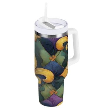 Imagem de Blueangle Copo isolado de carnaval de 850 g com alça e tampa de palha, caneca de viagem reutilizável de aço inoxidável (102)